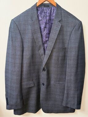 Stacy Adams Gray Plaid Blazer 48L Purple Paisley Lined Sport Coat